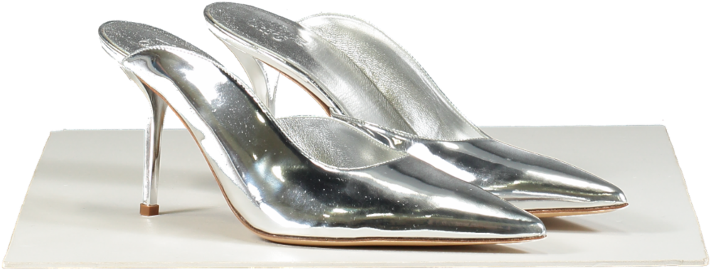 Gia Borghini Silver 85mm Abella mirror faux leather mules UK 6