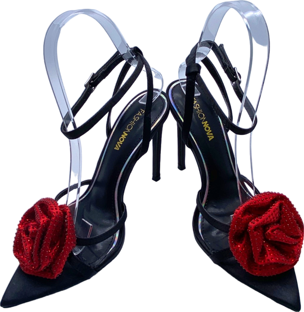 Fashion Nova Black Red Floral Embellished Heels UK 6