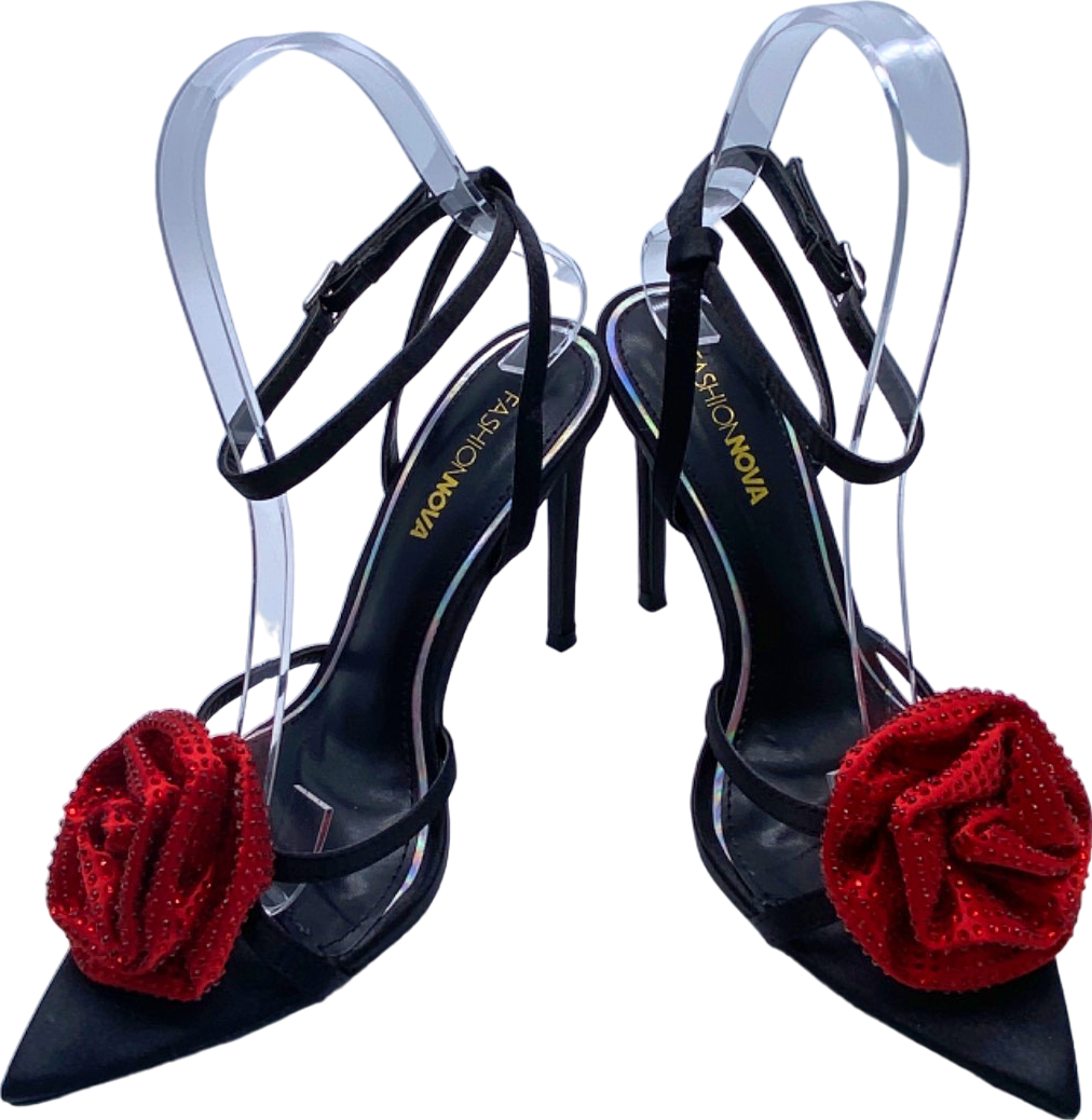Fashion Nova Black Red Floral Embellished Heels UK 4