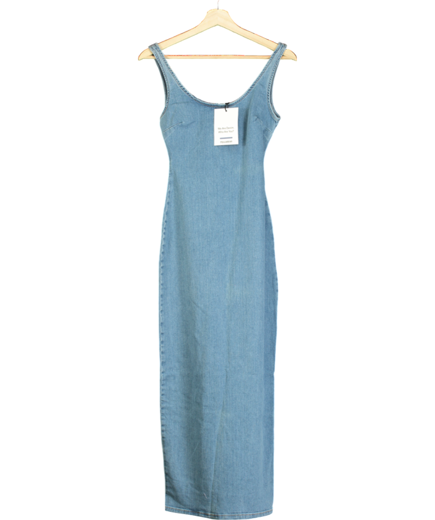 Pull&Bear Stretch Denim Maxi Dress With Split Detail In Medium Blue UK S