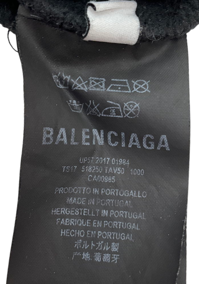 Balenciaga Black Hoodie With Distressed Navy Blue Logo Print On The Back UK S