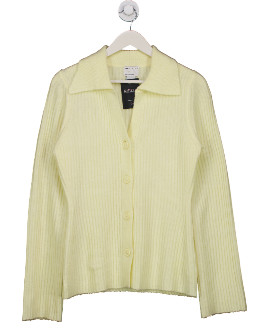 ASOS Yellow Knitted Rib Collar Cardigan In Buttermilk UK S