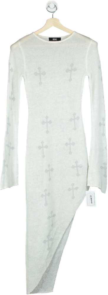 EGO White Cross Pattern Asymmetric Knit Dress UK 8