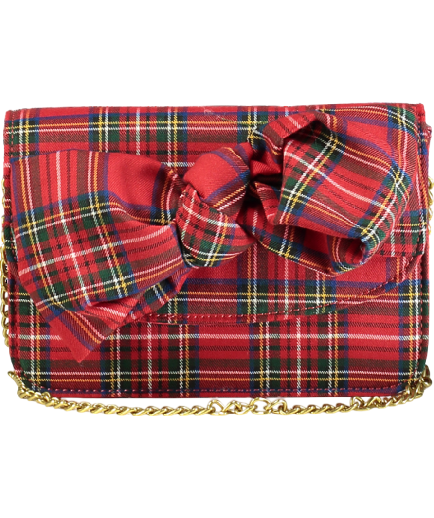 Boden Red Tartan Bow Bag with gold chain strap
