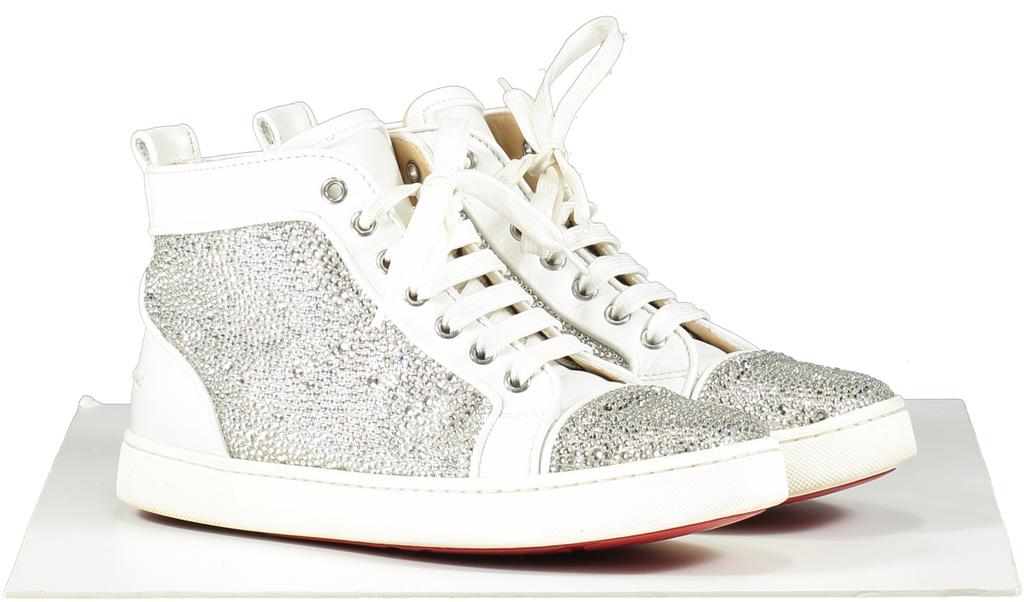 Christian Louboutin White Leather & Crystal Louis P Strass High 'crystal White' Hi-top Trainers UK 6 EU 39 👠