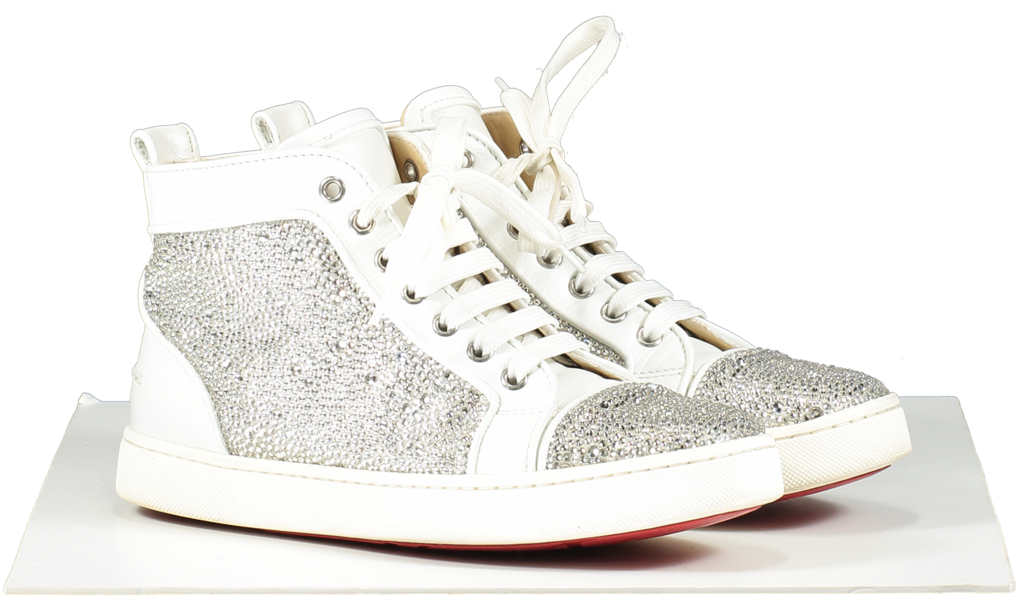 Christian Louboutin White Leather & Crystal Louis P Strass High 'crystal White' Hi-top Trainers UK 6 EU 39 👠