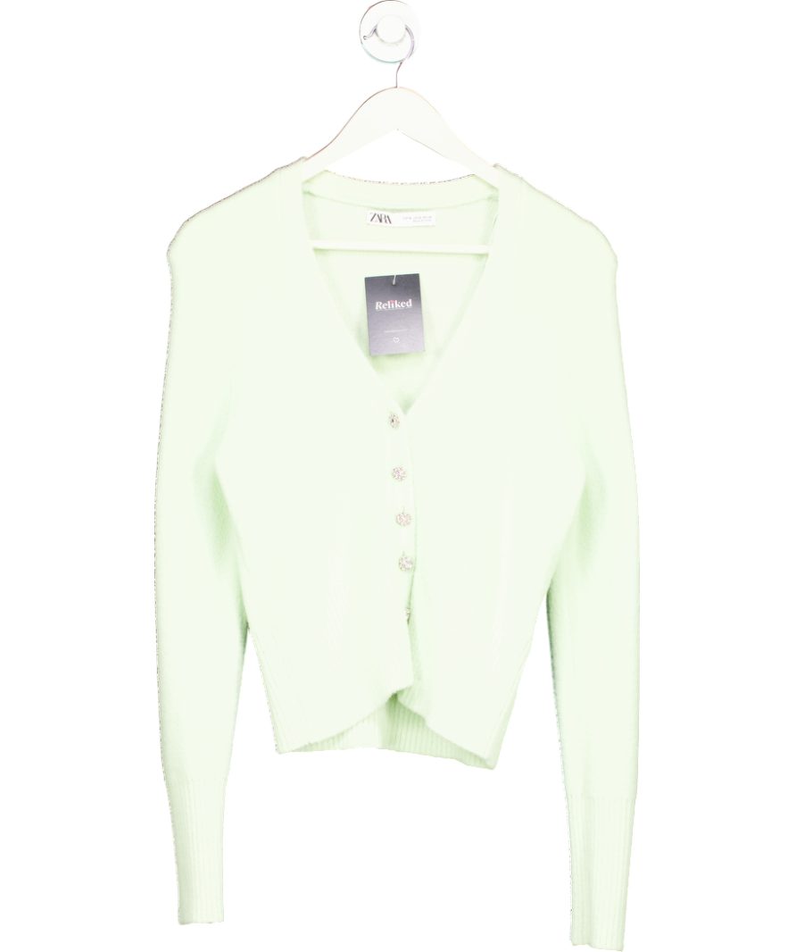 ZARA Green Knit Cardigan With Rhinestone Buttons UK XL