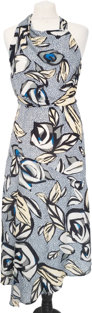 REISS Grey / Blue Rose Floral Printed Midi Dress UK 8