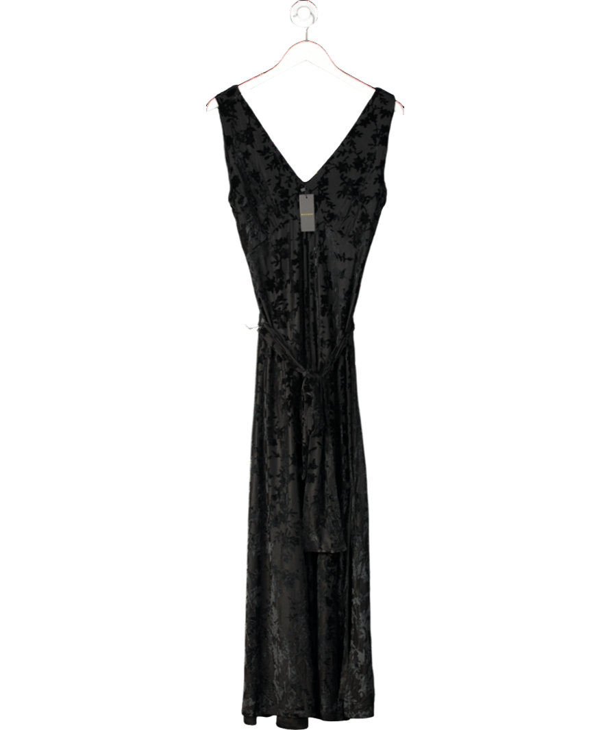 Warehouse Black Burnout Jacquard Tie Neck Plunge Maxi Dress UK 10