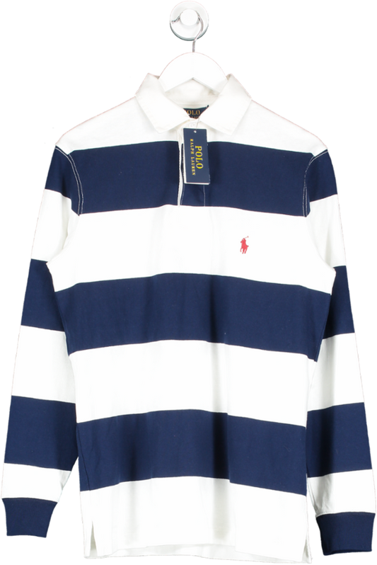 Polo Ralph Lauren White / Navy Blue Classic Fit Striped Jersey Rugby Shirt BNWT UK S