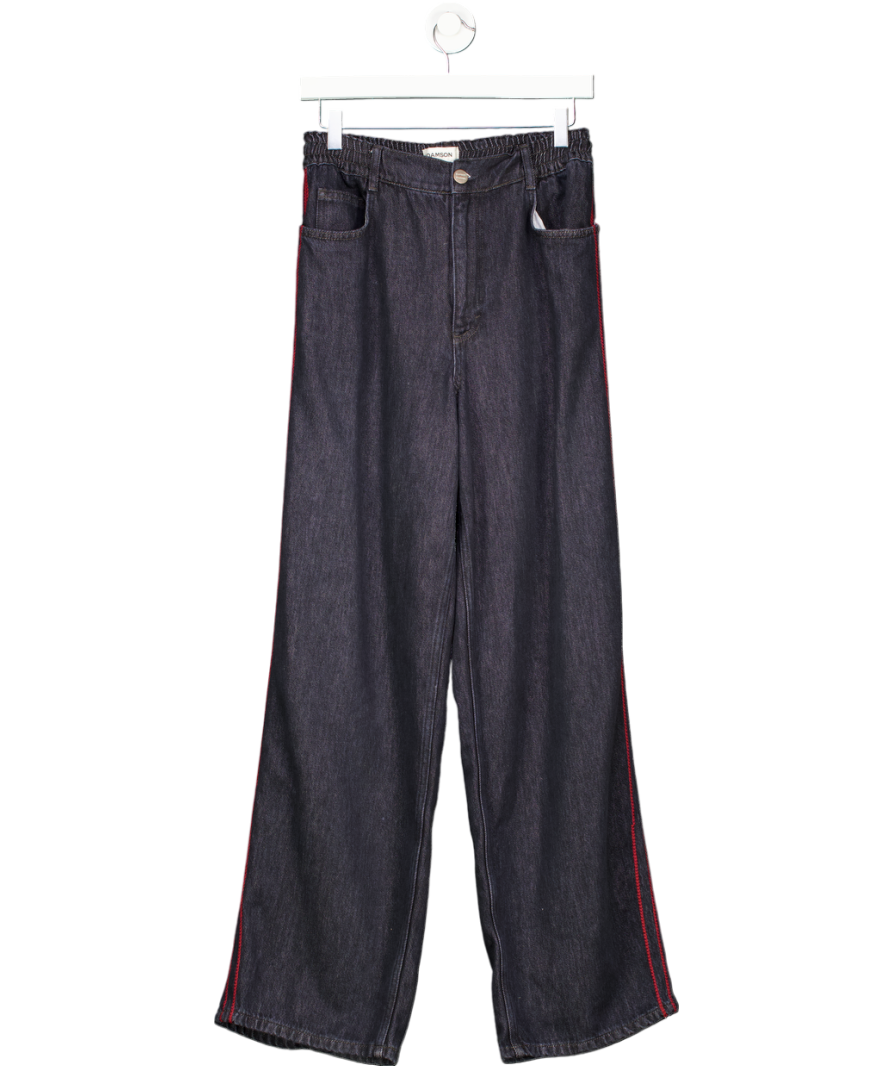 Damson Madder Dark Blue Denim Wide Leg Trousers With Red Side Embroidery Details UK 10