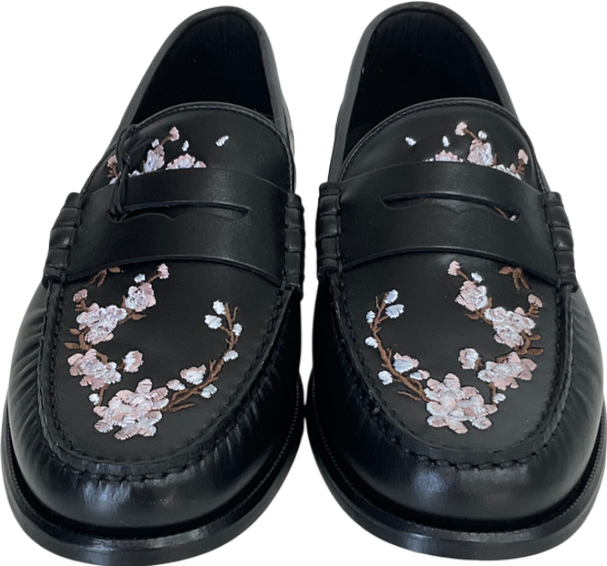 River Island Black Pink Leather Cherry Blossom Loafers UK 8👠