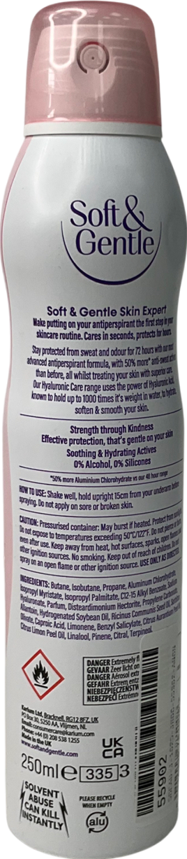 soft gentle Hyaluronic Care 72hr Rose Water Anti-perspirant Spray 250ml