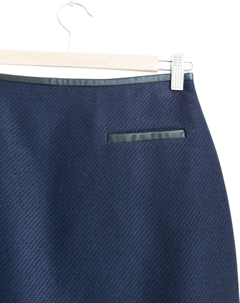 Jigsaw Navy Blue Wool Jacquard Leather Trim Pencil Skirt UK 8