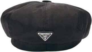 PRADA Black Re-nylon Newsboy Cap With Iconic Triangle Logo Plaque UK S