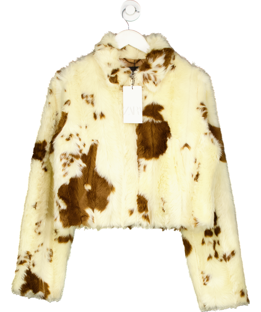 ZARA Cream / Brown Faux Fur Jacket UK M