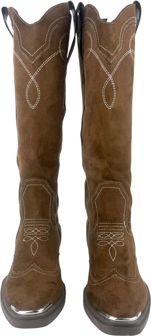 ASOS Brown Wide Fit Celeste Flat Western Knee Boots In Choc Faux Suede UK 4 EU 37