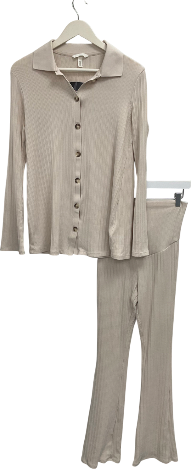 H&M Beige Maternity Ribbed Button Through Collared Top And Flared Trousers UK M