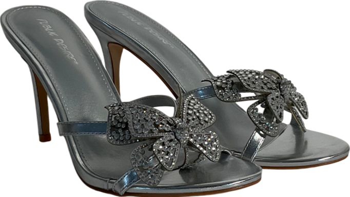 Public Desire Metallic Diamante Bow Silver Heels UK 7 EU 40 👠