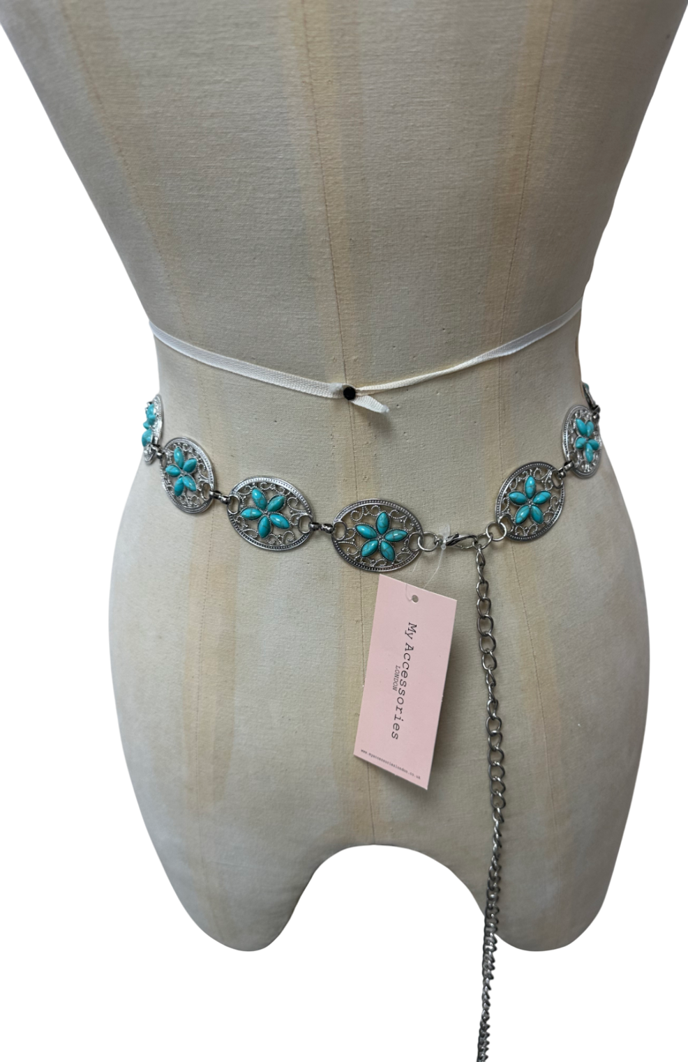 My Accessories London Flower Stone Chain Belt In Silver And Blue One Size