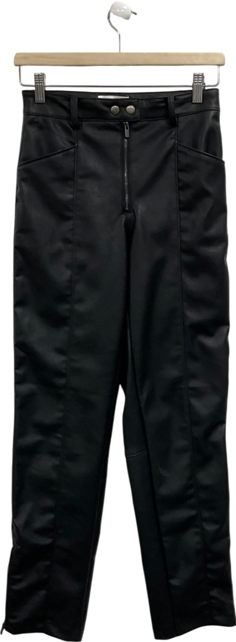 H&M Black Straight Leg Faux Leather Trousers With Zip Hem UK 8