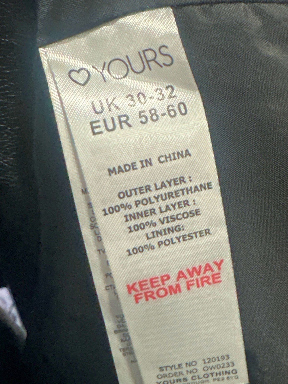 Yours Black Faux Leather Jacket UK 30-32