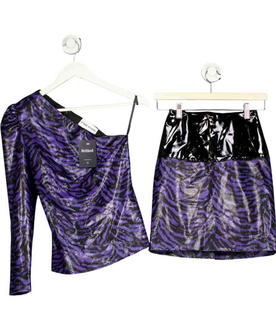 Stand Studio Purple Vinyl And Faux Leather Zebra Print Skirt And One Sleeved Top UK XS