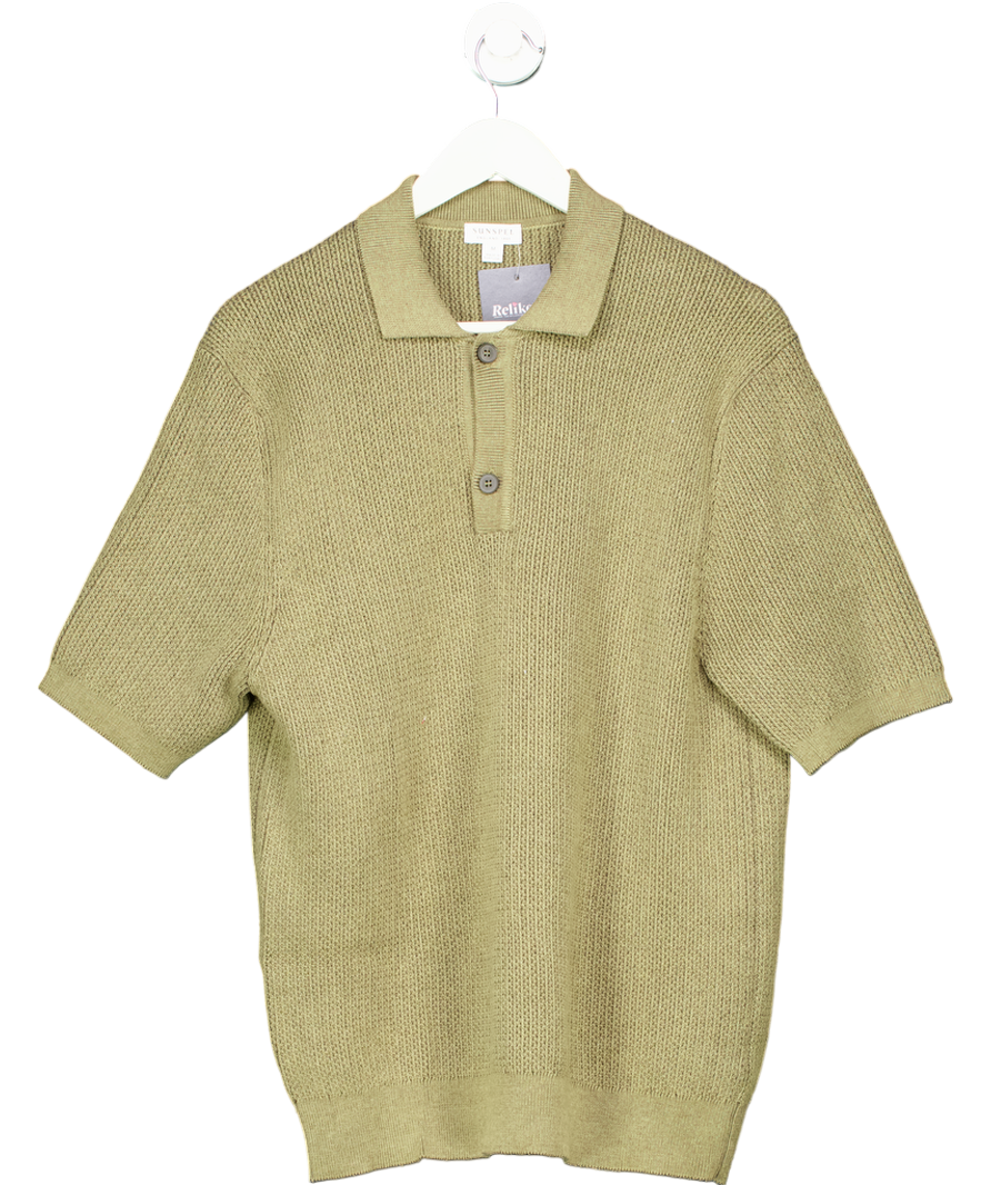 Sunspel Green Textured Knit Polo Shirt UK M