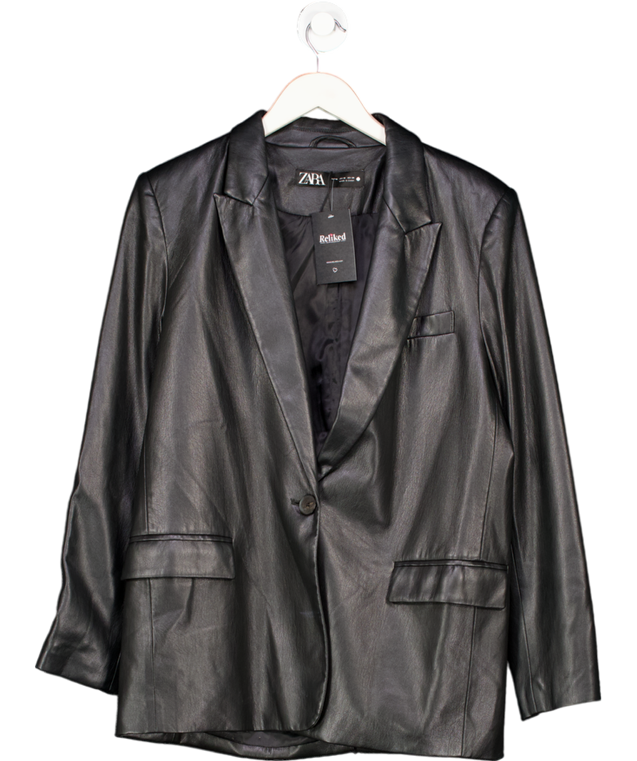 ZARA Black Supersoft Faux Leather One Button Blazer UK M