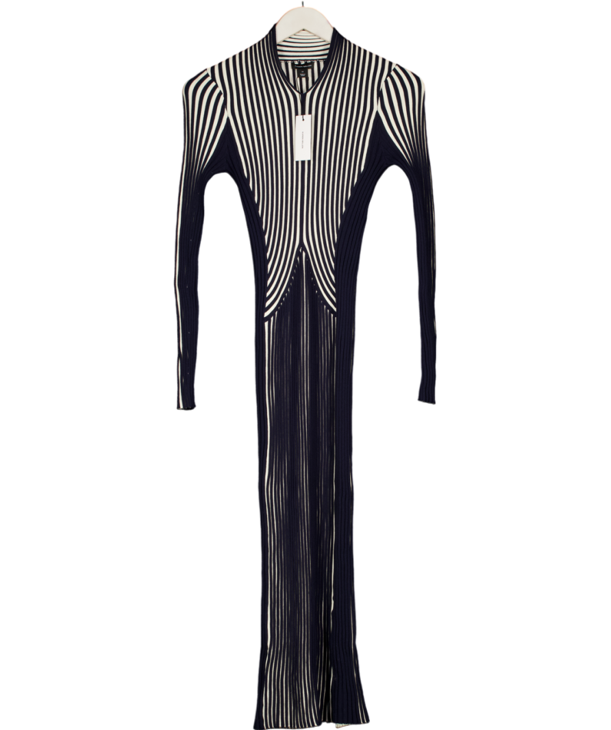 Karen Millen Navy Blue / White Stripe Fitted Long Sleeve Knitted Midi Dress UK XS