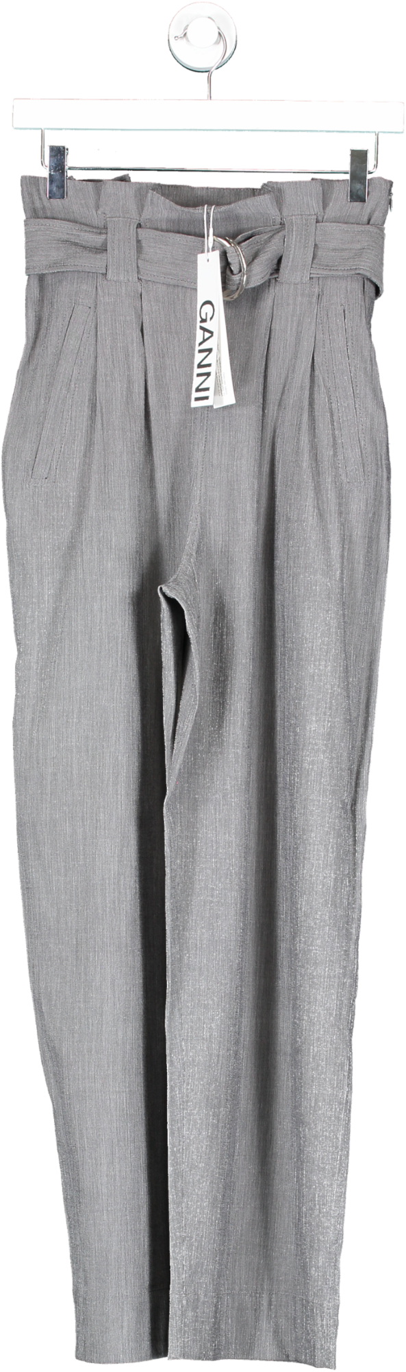 Ganni Grey belted high waist Paloma Melange Trousers UK 6