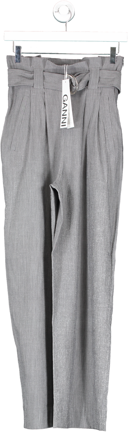 Ganni Grey belted high waist Paloma Melange Trousers UK 6