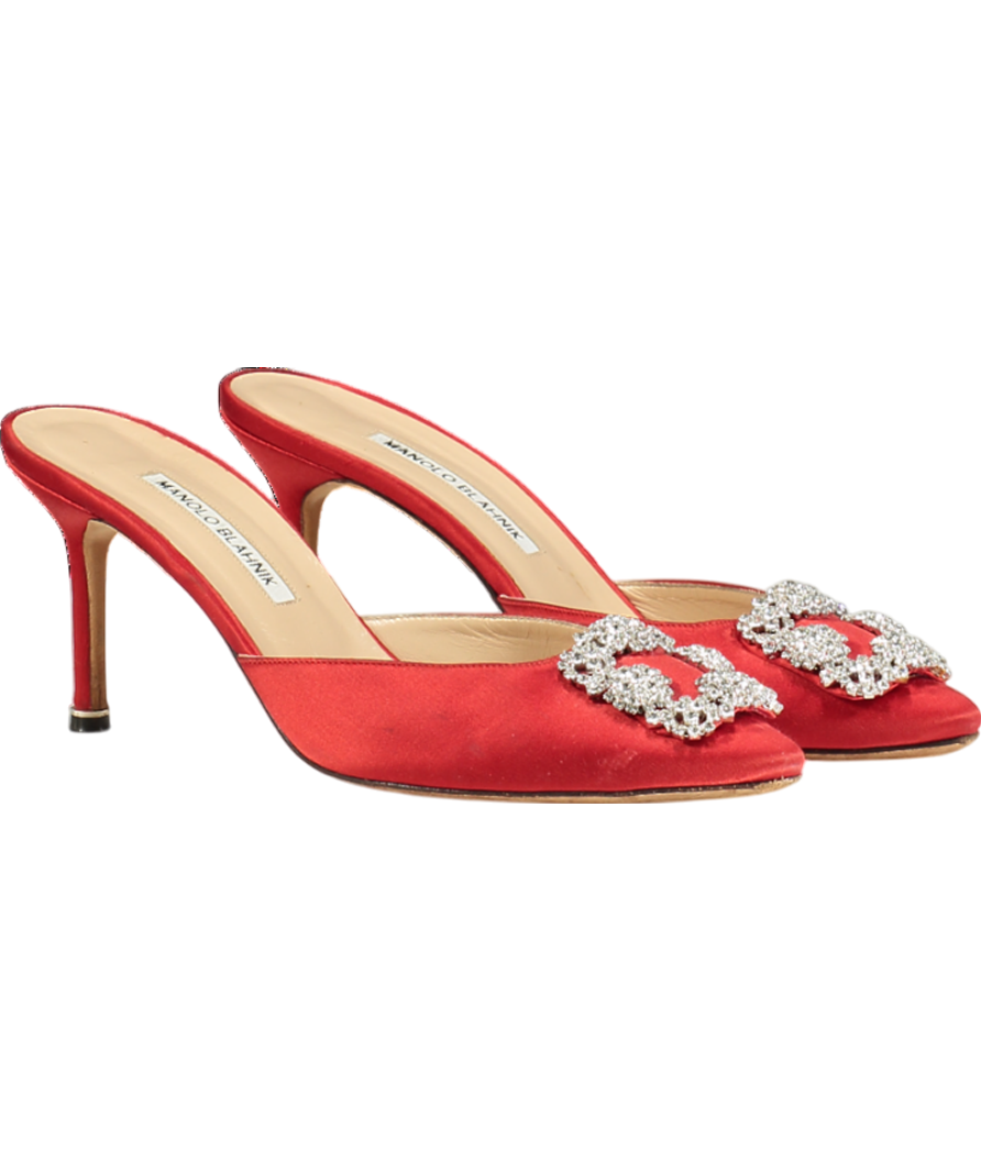 Manolo Blahnik Red Satin Jewel Buckle Hangisi Mules 70mm UK 7 EU 40 👠