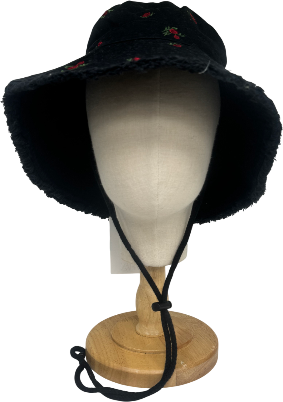ZARA Black Embroidered Flower Bucket Hat UK S