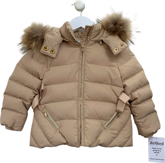 Tartine et Chocolat Beige Faux Fur Hooded Puffer Jacket 2 Years