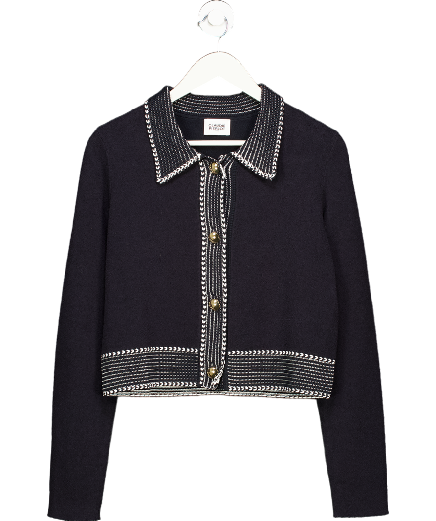 Claudie Pierlot Blue Topstitched Bouclé-knit Cardigan UK L