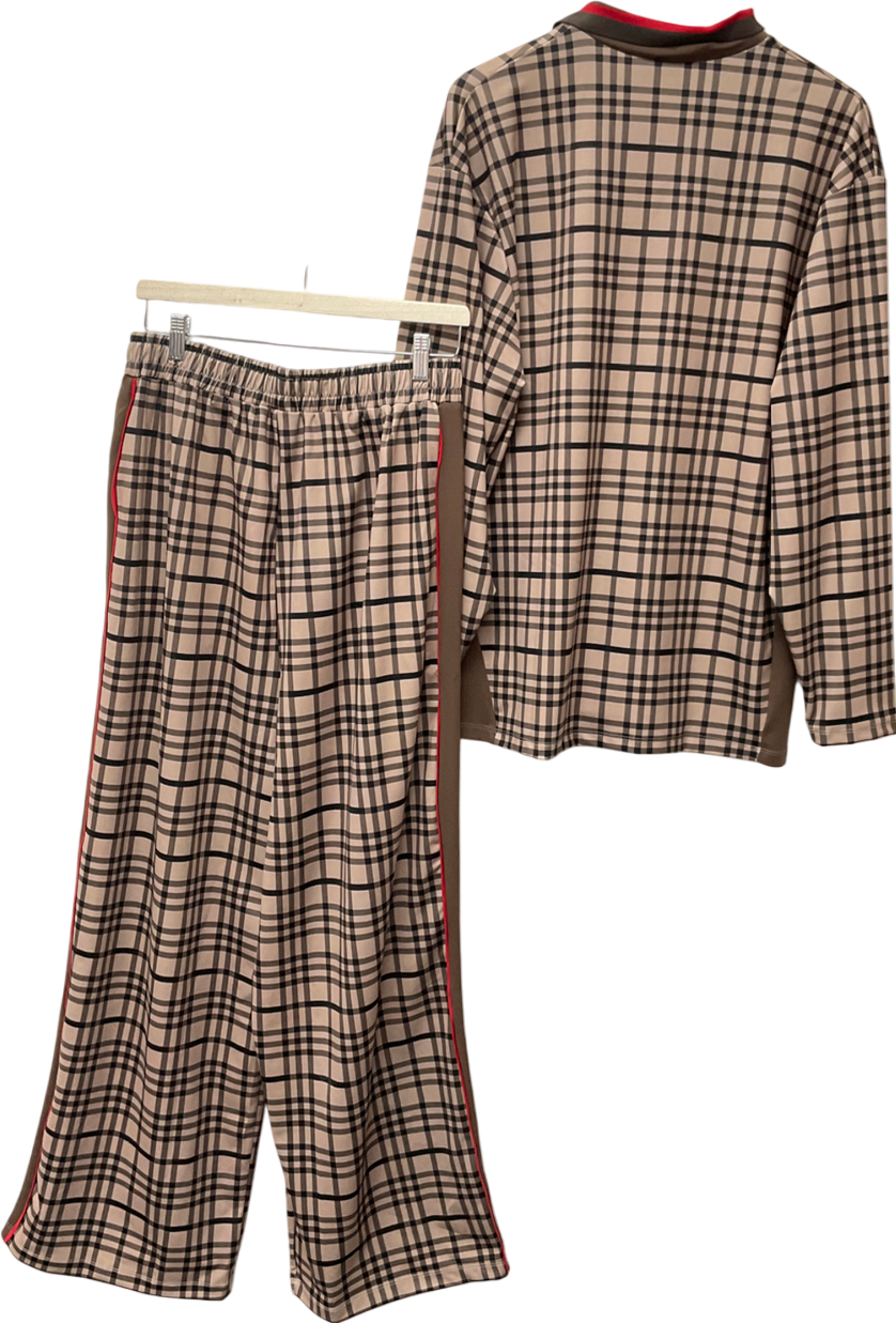 Reclaimed Vintage Beige Unisex Wide Leg Sports Jogger In Check Print & Long Sleeve Football Top UK L