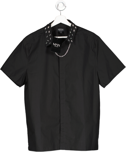 boohooMan Black Star Studded Shirt With Pearl Chain Detail UK L