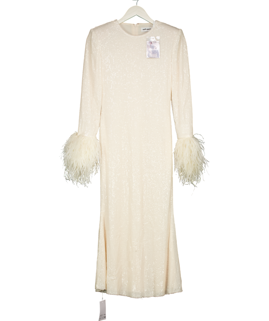Self-Portrait Cream Sequin Feather Midi Dress UK 6