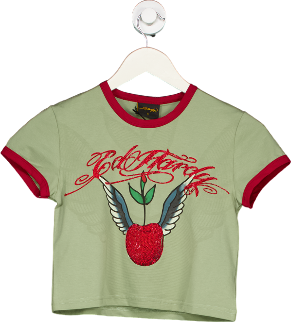 Ed Hardy Celadon Tint Womens Cherry Love Bomb Diamante Baby T-Shirt Top S