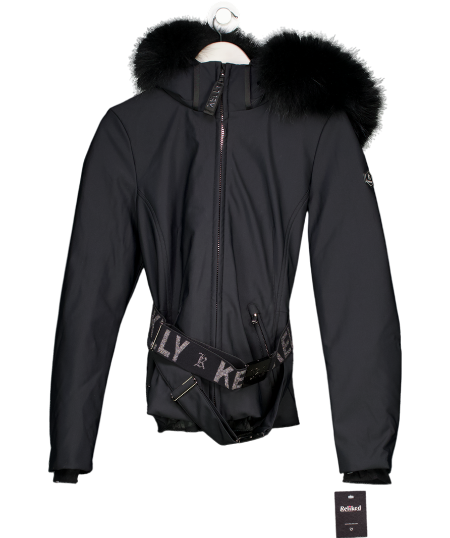 KELLY Black  Belted Ski Jacket With Fur Hood And Replacement Belt UK S/M