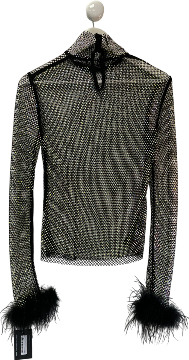 Noughts & Kisses Praya Black Diamante Mesh Feather Top UK L