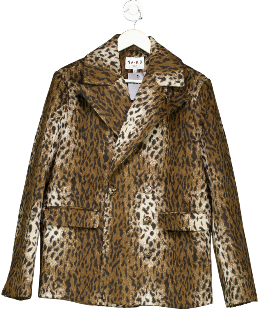 NA-KD Brown Oversized Double Breasted Leopard Blazer UK 8