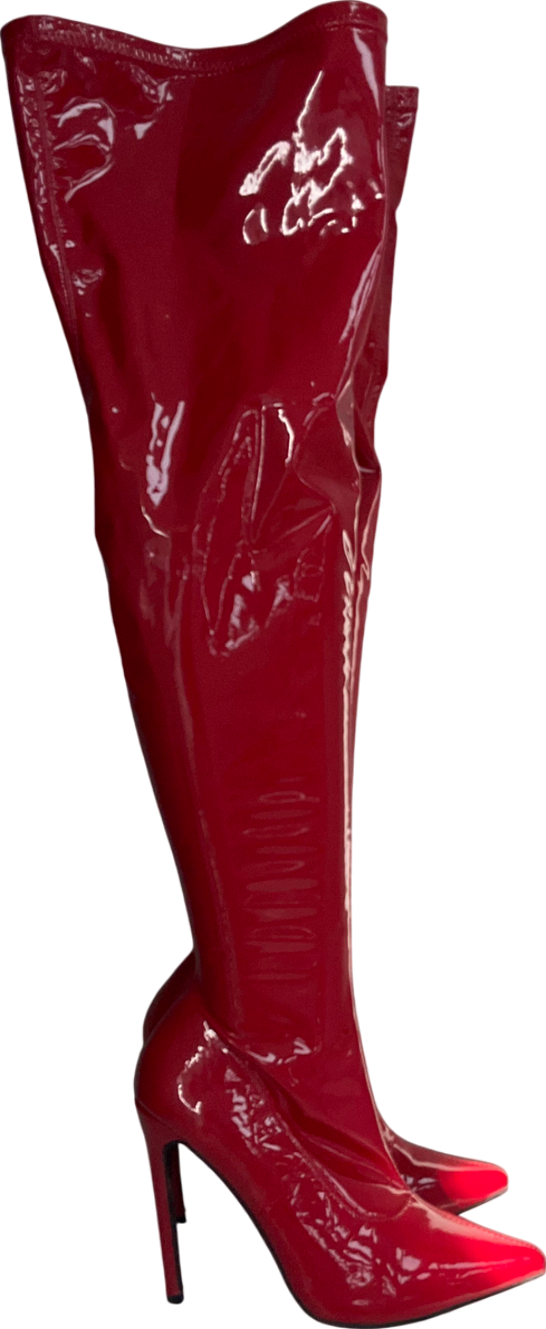Public Desire Confidence Wide Fit Red Patent Stiletto Heeled Over The Knee Pu Boot UK 9 EU 42 👠