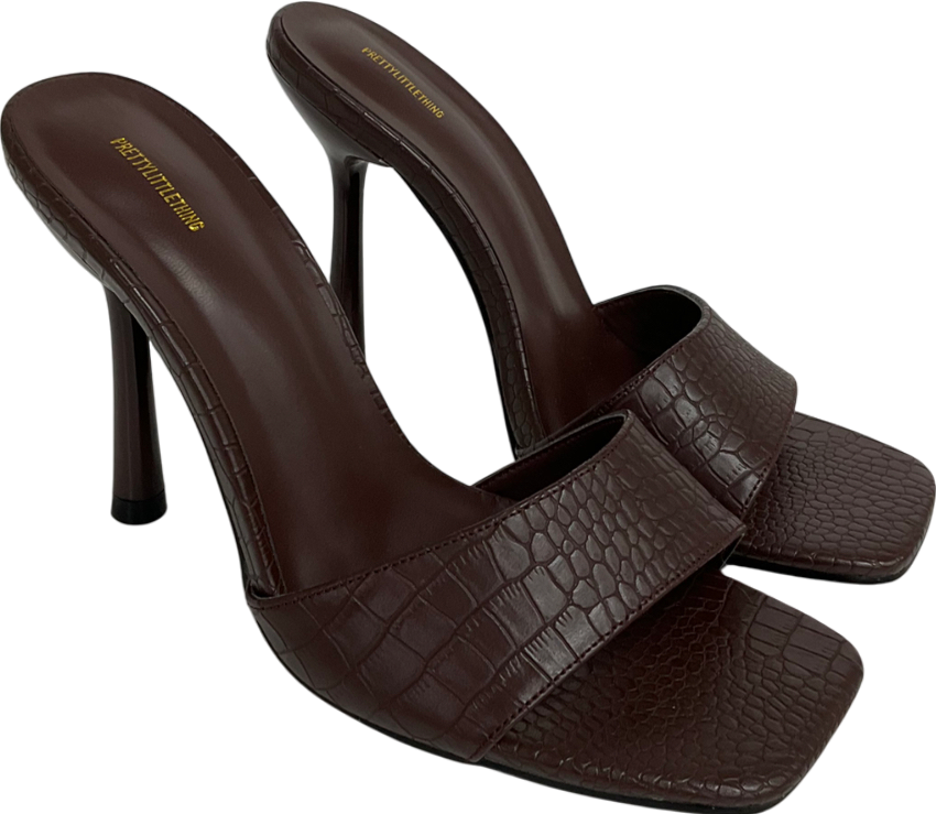 PrettyLittleThing Brown Chocolate Pu Croc Square Toe Heeled Mule Sandals UK 6