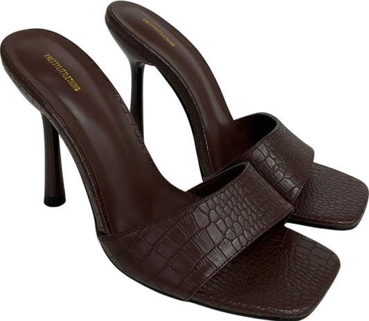 PrettyLittleThing Brown Chocolate Pu Croc Square Toe Heeled Mule Sandals UK 6