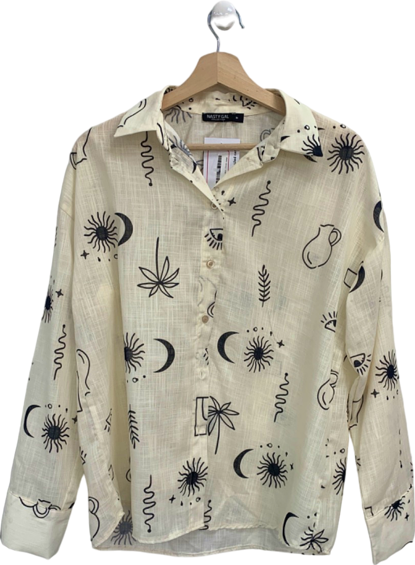Nasty Gal Cream Patterned Long Sleeve Shirt UK M