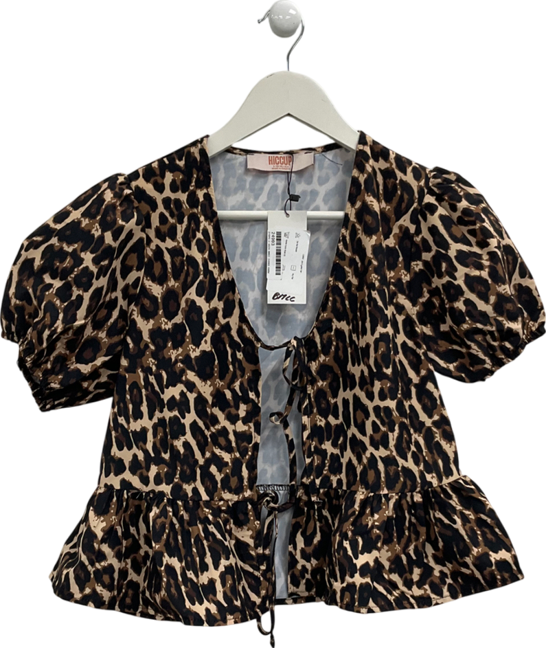 Hiccup Animal Print Balloon Sleeve Blouse With Tie Front Coffee Brown UK 8