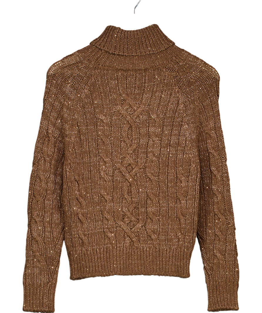 asta Resort Brown Elsa Cable Knit Sweater - Tobacco Sequin UK S