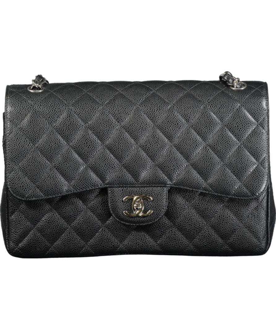 CHANEL Black Jumbo Classic Double Flap Bag in Caviar Leather with Silver Hardware